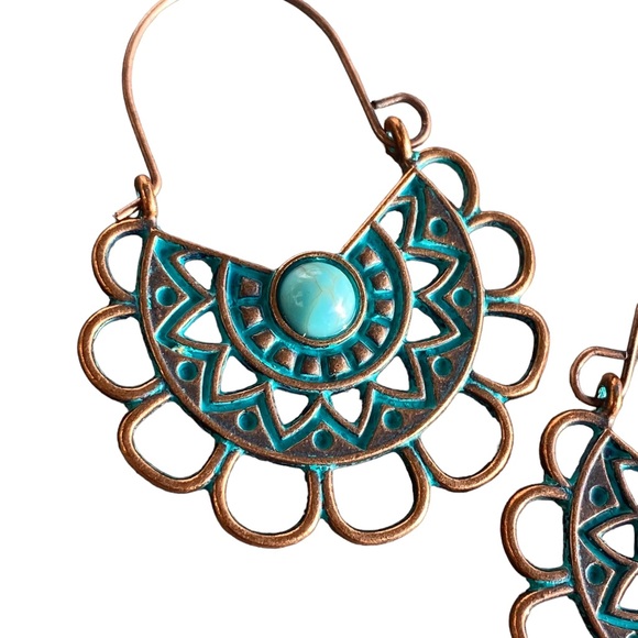 Boho Bronzed and Turquoise Drop Earrings - Picture 2 of 4